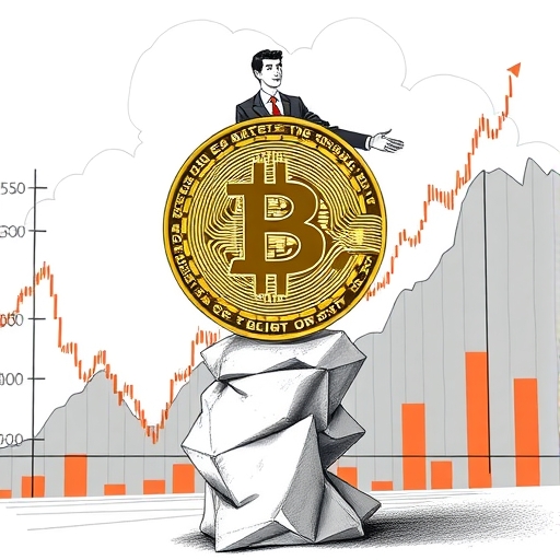 企業高管平衡巨型比特幣與波動股票圖表,象徵比特幣作為企業儲備資產的挑戰與機會