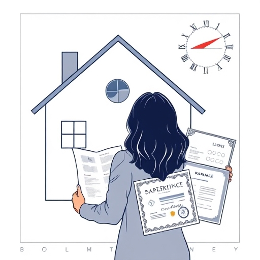 一對夫妻檢視房屋藍圖與法律文件的插圖,象徵預售屋所有權爭議與婚姻財產協議重要性