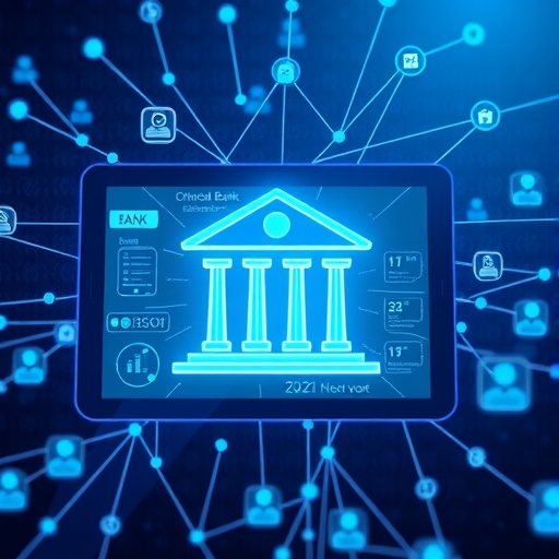 illustration of a digital bank interface on a tablet screen surrounded by interconnected lines and data representing efficient online financial services and personalized customer experiences without physical branches
