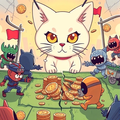 數位戰場插圖,卡通 Degen 角色爭奪迷因幣、大型破碎的 Popcat 符號,以及 Hyperliquid 平台顯示重大損失