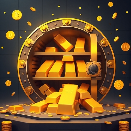 illustration of a digital vault filled with gold bars and cryptocurrency symbols floating around representing Tether Gold XAUT a secure digital asset strategy ag<a href=