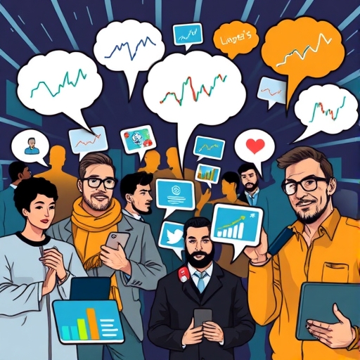 多元交易者在社群媒體上分享圖表與見解，思想泡泡象徵集體智慧與即時市場討論