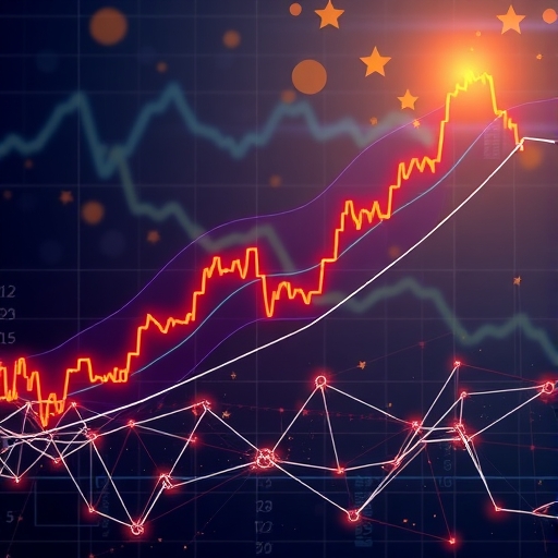 illustration of a dynamic cryptocurrency chart with upward and downward trends next to a secure blockchain network symbolizing both market volatility and continuous innovation in decentralized finance