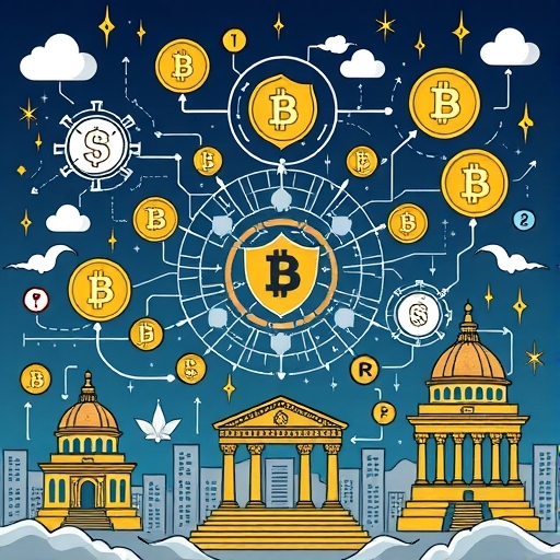 動態數位資產生態系統插圖，展示加密貨幣符號與區塊鏈網路交織的挑戰與機會，包括安全盾牌、傳統金融建築及政府監管框架