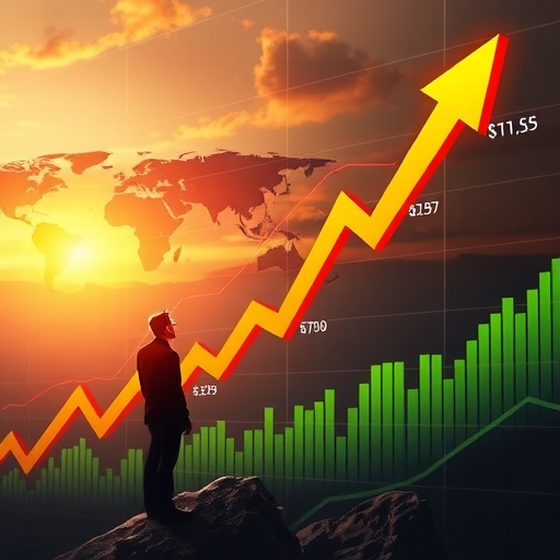 動態股票市場圖表顯示能源板塊向上箭頭,背景為動盪全球經濟,投資者尋找機會