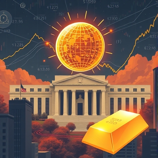 脆弱的科技股泡沫浮於波動市場景觀,背景聯準會建築,金條象徵安全