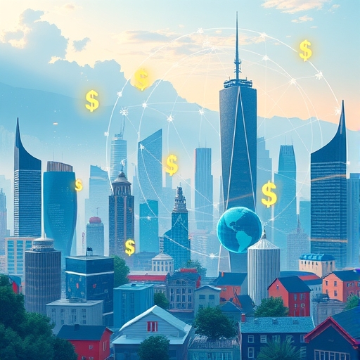 illustration of a futuristic city skyline with digital financial symbols flowing into diverse communities representing global economic transformation and sust<a href=