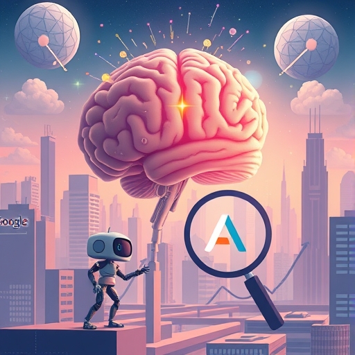 illustration of a futuristic city with Google logos and AI robots working a giant brain with light particles representing AI ideas a magnifying glass on a stock chart showing upward trend for Alphabet