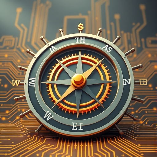 巨型AI晶片如指南針指向股市上漲或泡沫爆破,象徵AI產業未來