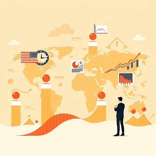全球市場插圖，展示地緣政治、利率和科技浪潮如何影響股價，以及投資者做出明智決策的場景