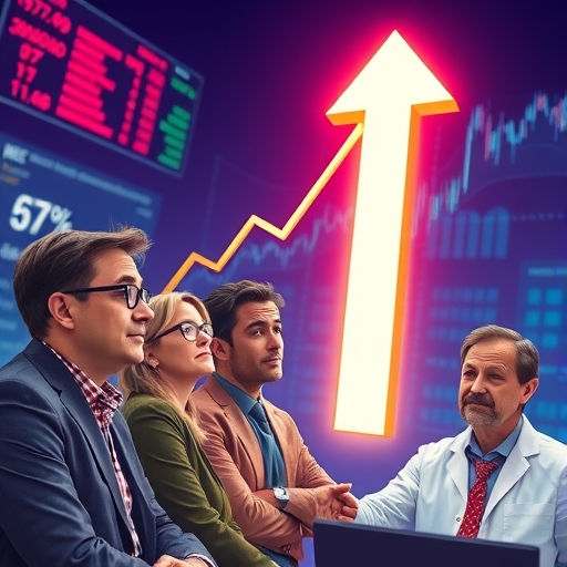 一群多元化的金融分析師專注注視著閃耀的股票圖表，向上箭頭象徵成長與潛力股在充滿活力的市場場景中