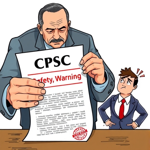 CPSC官方大型印章蓋上公共安全警告文件,背景中小型企業人物顯露擔憂,象徵召回分歧與消費者保護主題