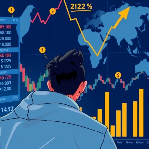 illustration of a person studying global economic charts and T<a href=