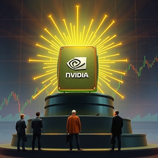 強大的NVIDIA晶片散發AI能量,背景為全球市場圖表,投資者緊張注視