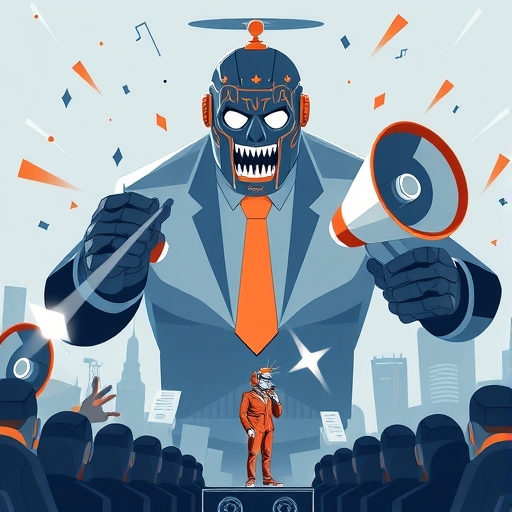 超級政治行動委員會以巨型擴音器攻擊Alex Bores及其AI法案的象徵圖像