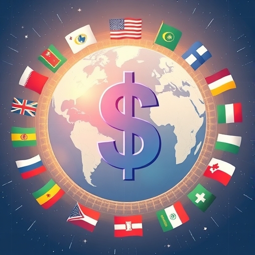 強勢美元貨幣象徵居中影響全球市場,周圍環繞尋求新貿易聯盟與經濟韌性的各國插圖