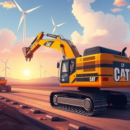 Caterpillar堅固挖掘機在大型基礎設施專案中運作，背景包含風力渦輪機、礦業活動與數位解決方案