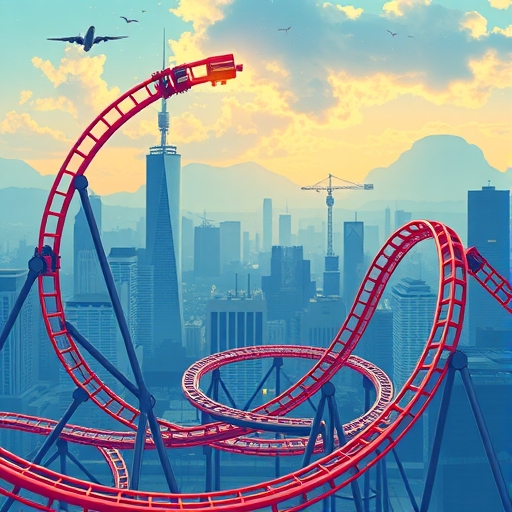 加密貨幣市場波動雲霄飛車插圖,背景為城市景觀與未來成長元素