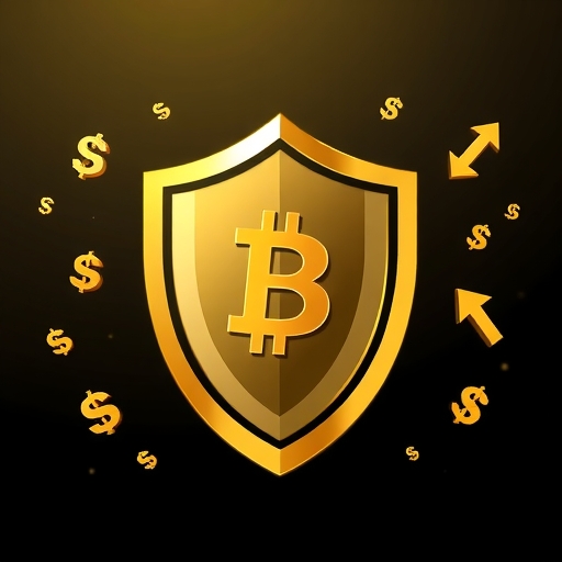 illustration of a shield made of gold protecting a cryptocurrency portfolio from volatile dollar symbols and inflation arrows representing a crypto treasury strategy