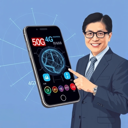 顯示AI應用的時尚智慧手機,周圍環繞數位電路與5G訊號,聯發科高層指向晶片出貨成長圖表