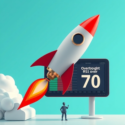 illustration of a soaring rocket shaped like a stock chart with a red warning sign saying overbought a small figure of a person looking up with concern a digital screen showing RSI over 70