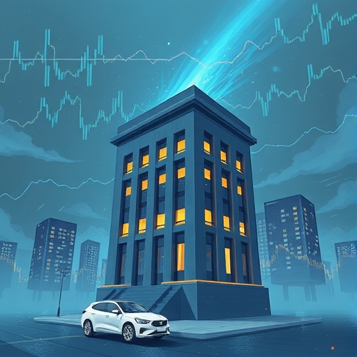 穩固建築代表價值股插圖，在動盪市場中屹立不搖，背景融入人工智慧元素