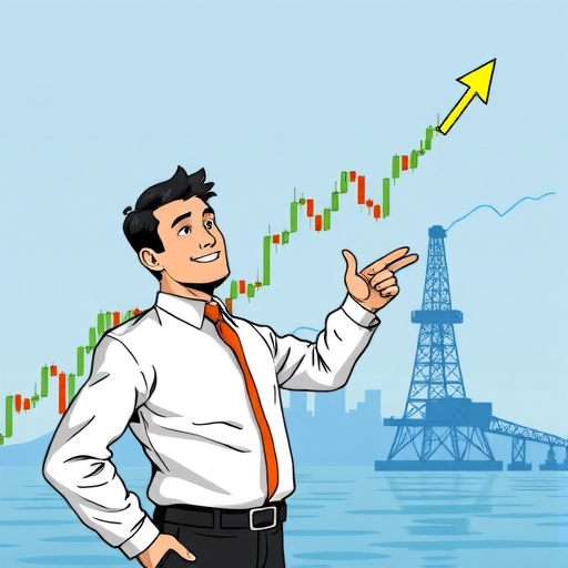 股票圖表顯示明顯向上突破伴隨高交易量,金融分析師指向圖表,背景為發電廠或石油鑽井