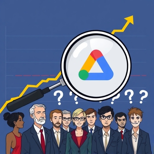 illustration of a stock chart showing a sharp rise with an overbought indicator a magnifying glass focuses on Alphabet logo a diverse group of investors with question marks above their heads