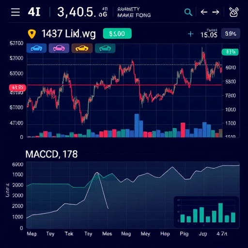 illustration of a stock market dashboard displaying rising stock charts and trading volume with icons representing AI semiconductor electric vehicles financial reports and technical indicators like MACD