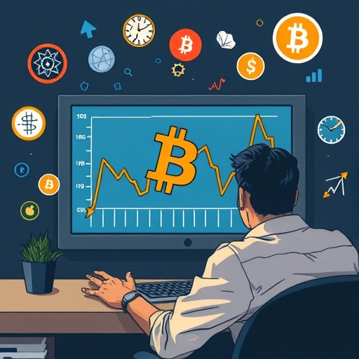 壓力下的投資者觀看波動比特幣價格圖表的插圖,圖表向下測試關鍵支撐,周圍環繞宏觀經濟因素的抽象表現