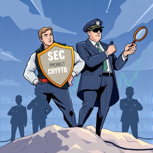 強壯的SEC特工手持標記為Project Crypto的盾牌，IRS官員持放大鏡守護數位加密市場，保護小型投資者免受詐欺與逃稅陰影的威脅