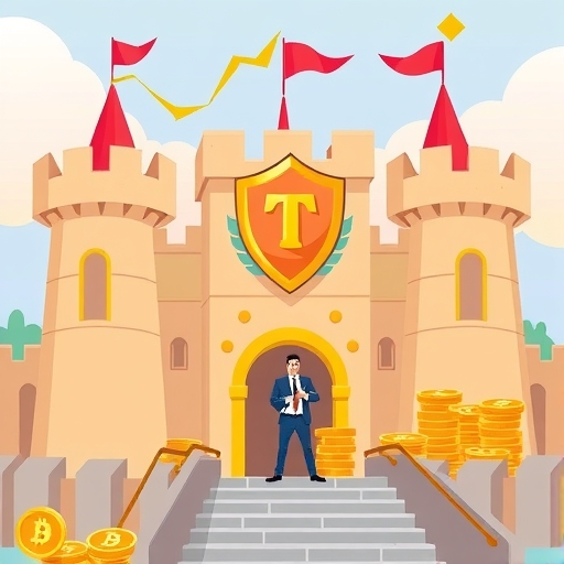 堅固堡壘代表Tether抵禦負面攻擊,金幣與圖表顯示穩定成長,CEO屹立不搖