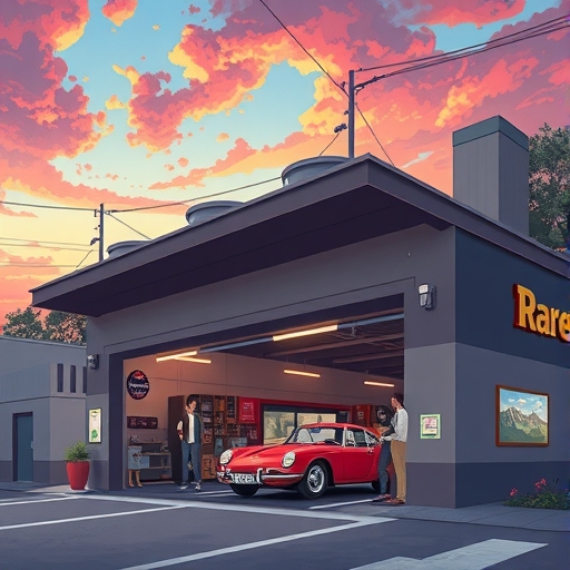 老式車庫轉變為現代科技園區的插圖,展現Palo Alto創新演進與企業家合作