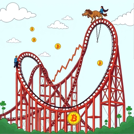 波動劇烈的比特幣市場,雲霄飛車般的圖表代表極度恐慌與不確定,投資者困惑是否為市場底部或進一步熊市,包含支撐與阻力水平