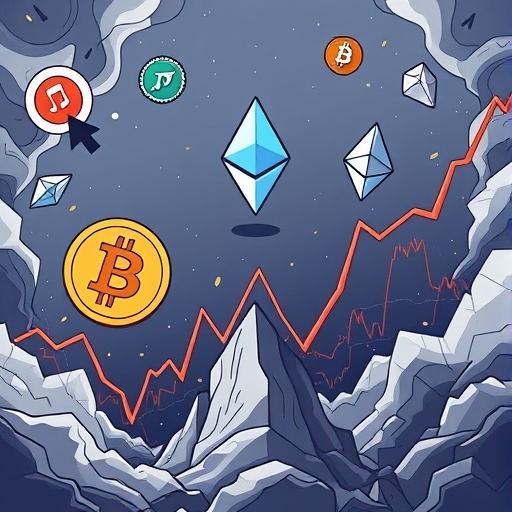 加密貨幣市場波動圖示,比特幣和以太坊符號環繞,MicroStrategy標誌穩固