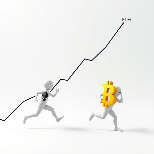 ETH/BTC 匯率圖表顯示向上趨勢線與轉折點,象徵以太坊與比特幣的競爭賽跑,突出強勁上升潛力