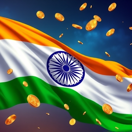 印度國旗環繞浮動數位代幣，代表債務擔保ARC代幣推出，融合傳統金融與區塊鏈技術