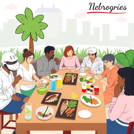 戶外用餐場景，包含烤魚、蒸蔬菜和沙拉等健康選擇，人們避免油炸食物和含糖飲料