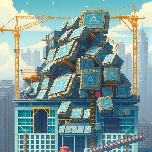 AI晶片堆積如山的建設現場,象徵過度供應與市場飽和擔憂