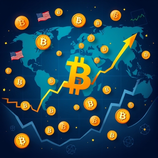 比特幣下跌圖表插圖,周圍環繞全球經濟不確定、地緣政治緊張、監管變化及投資者獲利了結符號