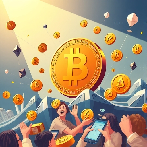 illustration of bitcoin soaring to 106500 dollars surrounded by thriving altcoins like solana and ethereum with investors cheering in a bullish market atmosphere