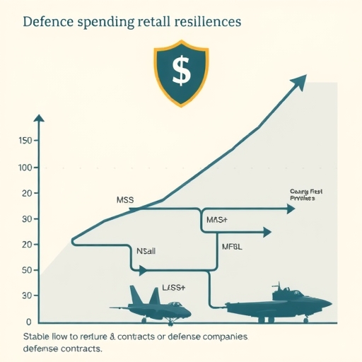 國防支出韌性插圖，顯示上升趨勢圖表、保護投資的盾牌，以及國防公司穩定的合約流