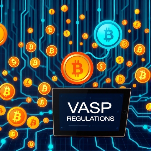 數位貨幣在安全網絡中流通的插圖,監管機構防範洗錢與虛擬資產服務提供者規範