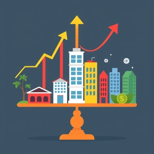 多元投資資產如股票上升箭頭、債券穩定曲線、不動產建築與另類投資平衡天平圖示