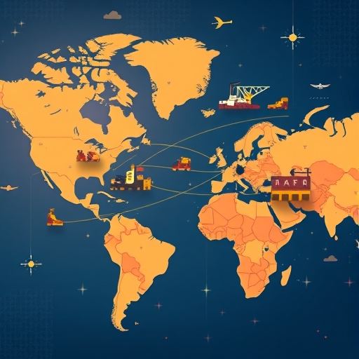 工廠運作跨洲遷移以避開貿易關稅,描繪各國新供應鏈樞紐的經濟變革插圖