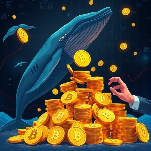 巨鯨和企業手在價格下跌時策略性累積比特幣的插圖，象徵長期投資和新 ETF 資金影響