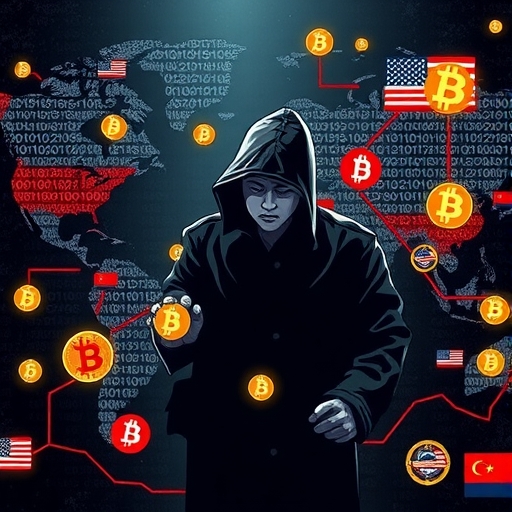 全球金融體系中加密貨幣流動的插圖,隱藏北韓非法利用身影與美國執法攔截數位資產的場景,象徵對經濟安全的挑戰