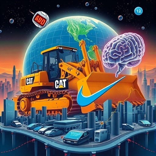全球市場動態插圖，展示Caterpillar重型機械、Nike運動鞋挑戰與主導AI大腦的經濟景觀