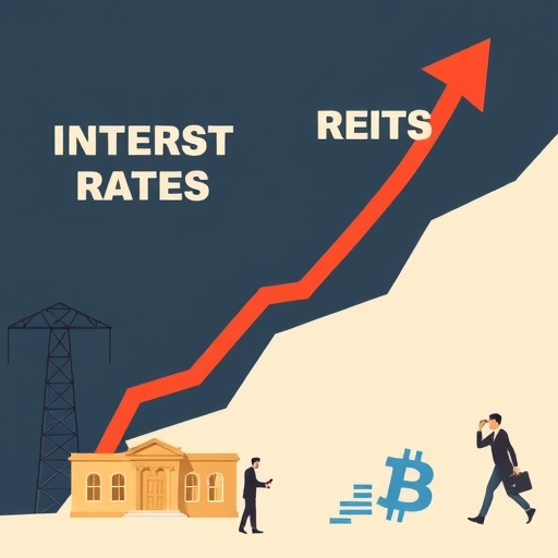 利率影響REITs和公用事業股票的插圖，箭頭顯示利率升降對房地產和股息收益率的衝擊，以及投資者分析財務報表的場景