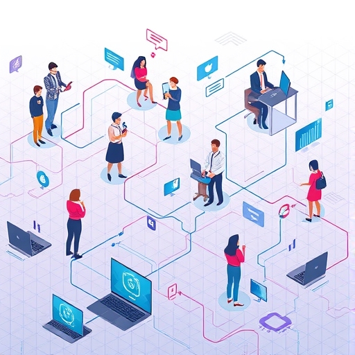 人們透過手機和電腦等裝置即時互動的插圖，展現無縫即時通訊與資料交換的動態數位景觀